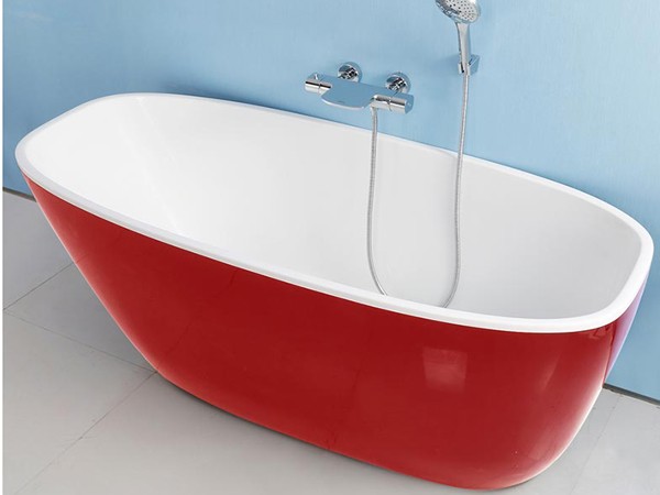 Red deep freestanding bath with wall hung faucet